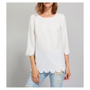 MBM Unlimited Tops - White Solid 3/4 Sleeve Scallop Trim Blouse MBM Unlimited Tops - White Solid 3/4 Sleeve Scallop Trim Blouse